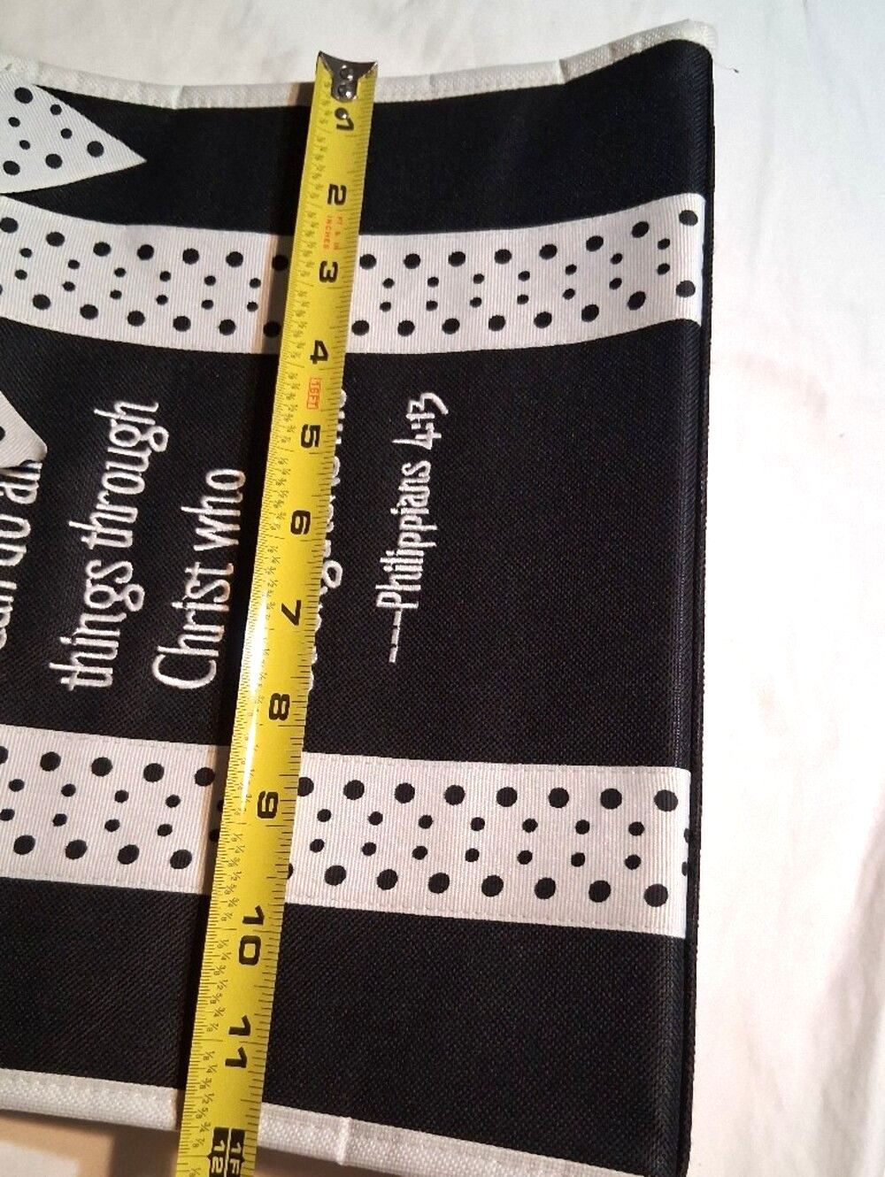Market Black & White Polka Dot Bow Tote Bag Philippians 4:13 Scripture Verse - Picture 6 of 11